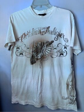 Christian Audigier Vintage White Short-Sleeve Embellished Graphic Tee